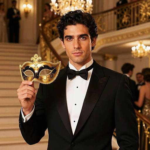 Photograph of handsome, dark-haired man in black tuxedo holding gold-accented masquerade mask, standing in elegant, lit, staircase