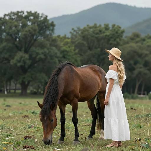 Blonde Beauty in Grassy Field with Horse