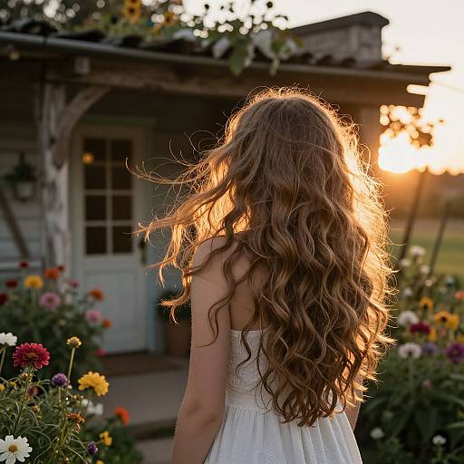 Photograph of a woman with long, wavy brown hair facing a sunlit garden cottage, wearing a white sundress, surrounded by colorful flowers.