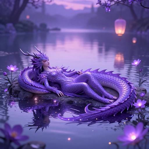 Digital artwork of a purple, dragon-like creature with scales, horns, and a long tail, lying in a serene, moonlit lake surrounded by glowing