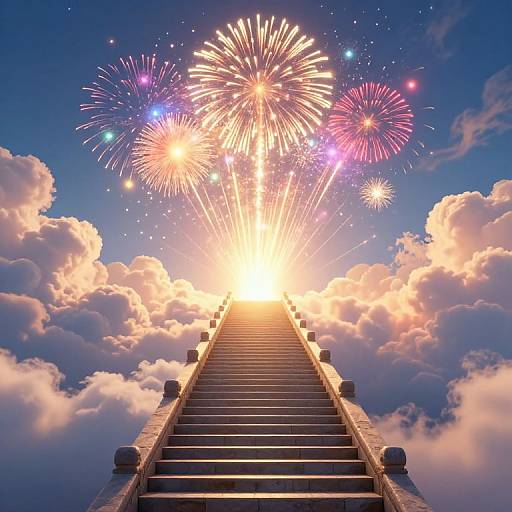 Photograph of a staircase ascending into a bright, colorful sky filled with vibrant fireworks, surrounded by fluffy clouds.