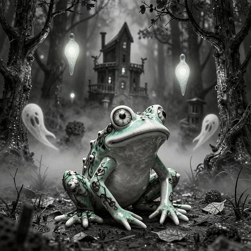Monochrome digital artwork of a large, detailed frog with glowing eyes, sitting in a spooky forest with ghostly figures and a haunted house, illuminated by