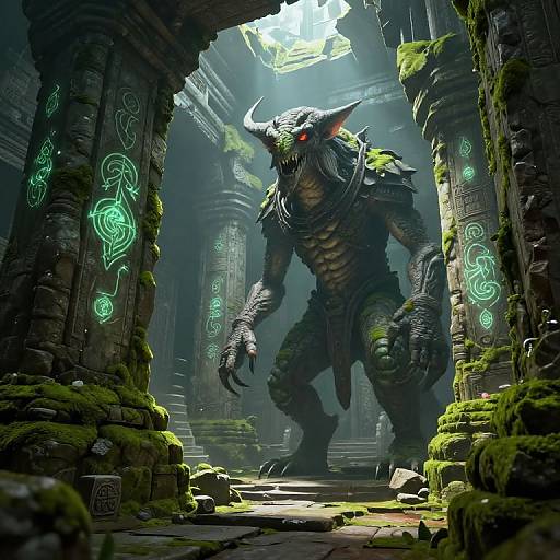 CGI fantasy image of a muscular, horned, scaly, dark green dragon-like creature standing in a moss-covered, ancient, ruined temple with