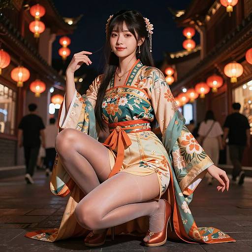 Photograph of an Asian woman in a colorful floral kimono, squatting on a nighttime street illuminated by glowing lanterns.