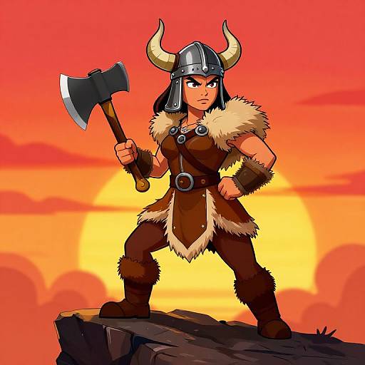 Digital illustration of a fierce, muscular female Viking warrior with horned helmet, fur-trimmed brown outfit, and axe, standing on rock at sunset