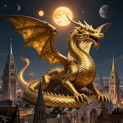 Digital artwork of a massive, golden dragon with shimmering scales and wings, perched on a cityscape under a full moon, surrounded by moons and