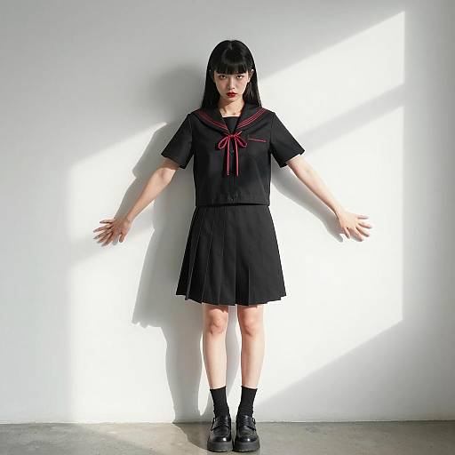 Asian Woman in Black School Uniform Against White Wall