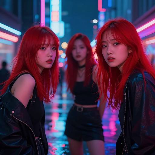 Photograph of three East Asian women with red hair in a neon-lit, rainy urban alley, wearing black leather jackets and shorts, with vibrant pink