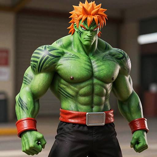 CGI image of a muscular, green-skinned male with orange spiky hair, black tattoos, red wristbands, and black pants with a red