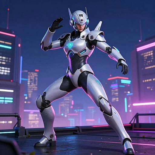 CGI image of a futuristic female android in white and black armor, standing in a neon-lit cityscape at night, posing confidently with one hand