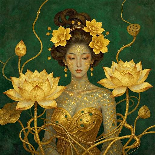 Digital painting of an ethereal Asian woman with golden flower crown, adorned in gold-patterned attire, surrounded by glowing lotus flowers.
