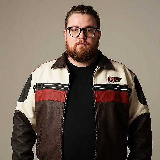 Photograph of a bearded man with glasses, wearing a black and white jacket with red and black stripes, against a plain gray background.
