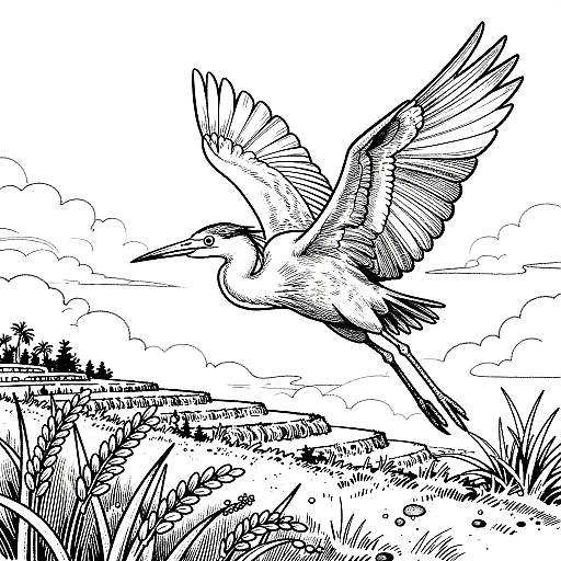 Egret Flight Over Rice Paddies Line Art