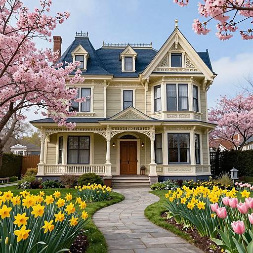 Photograph of a Victorian-style, cream-colored house with ornate trim, surrounded by blooming cherry blossom trees and vibrant yellow and pink tulips on