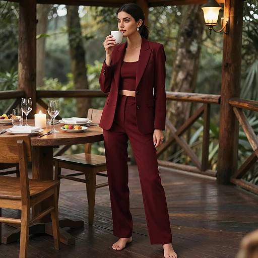 Woman in Red Pantsuit Enjoying Candlelit Dinner in Treehouse