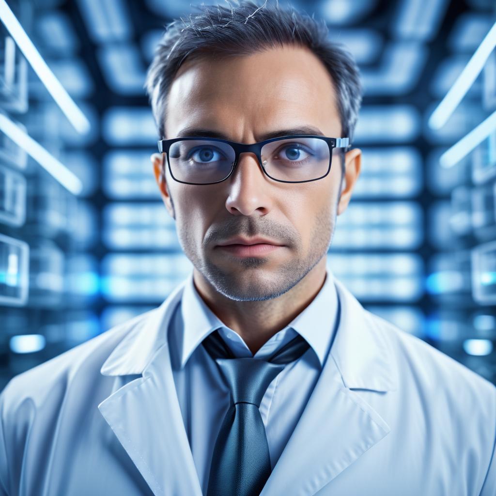 Intense Scientist Portrait in Futuristic Lab