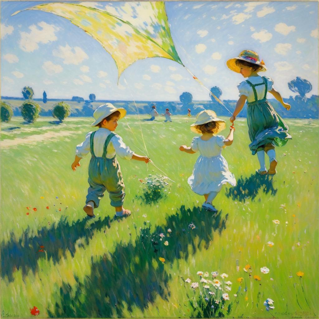 Children Playing with a Kite in Meadow