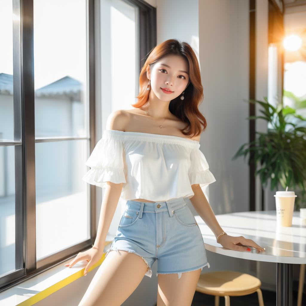 Korean Model in Sunlit Cafe