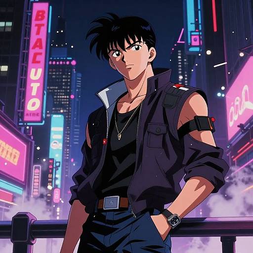 Anime-style digital drawing of a handsome, black-haired man in a black jacket and shirt, standing in a neon-lit, futuristic cityscape at night