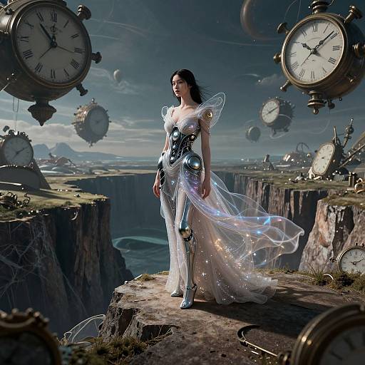 Digital artwork of a futuristic, ethereal woman in a white, glowing dress with metallic accents, standing on a cliff surrounded by floating clocks and planets.