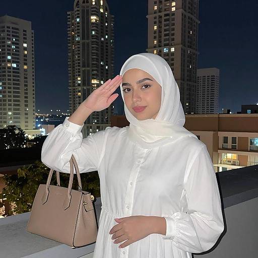 Young Woman Saluting on Rooftop Night