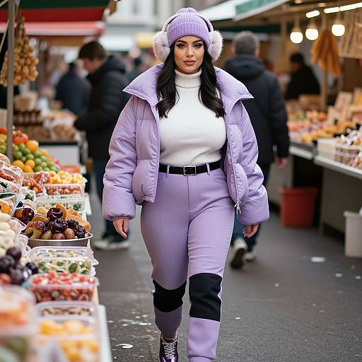 Photograph of a confident woman with long black hair, wearing a lavender puffer jacket, white turtleneck, high-waisted lavender pants,