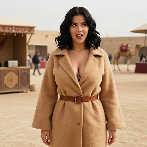 Photograph of a black-haired woman with medium skin tone, wearing a tan, belted coat with deep neckline, smiling confidently in a desert market with