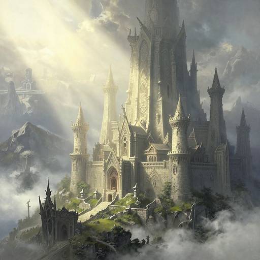 Photorealistic digital artwork of a majestic, sunlit Gothic castle with intricate spires and towers, surrounded by misty mountains and lush greenery.
