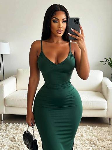Photograph of a curvy Black woman with long black hair, wearing a tight, green, sleeveless dress, taking a mirror selfie in a bright