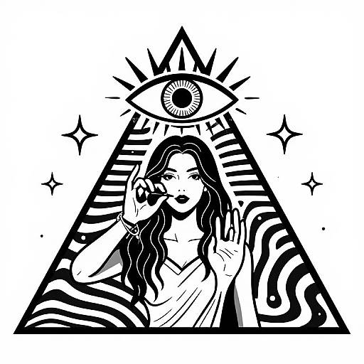 Black-and-white digital drawing of a woman with wavy hair inside a stylized triangle, featuring an eye and starburst patterns.