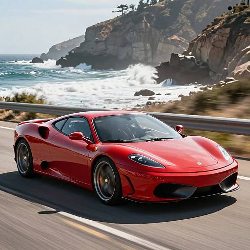 Photograph of a sleek, red Ferrari speeding along a coastal road with cliffs and ocean waves in the background.