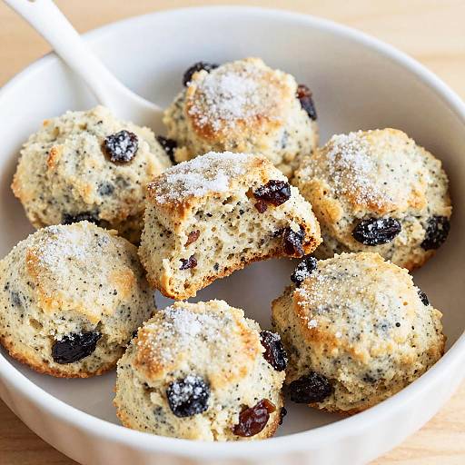 Photograph of six sugar-dusted, round, raisin-filled muffins in a white bowl on a wooden table, with a white spoon partially visible