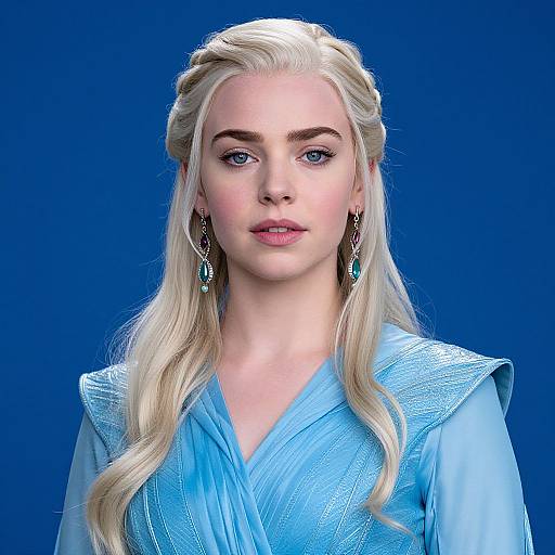 Digital portrait of a blonde woman with blue eyes, wearing a light blue, intricately patterned dress, and turquoise earrings, against a solid blue background