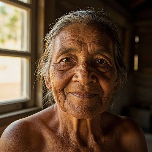 Photograph of an elderly, tan-skinned woman with deep wrinkles, gray hair, and warm smile, standing in a dimly lit wooden room with