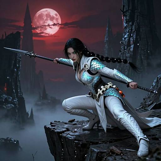 Digital fantasy artwork of a fierce, dark-haired woman with glowing armor, wielding a sword, crouching on a cliff under a red moonlit sky