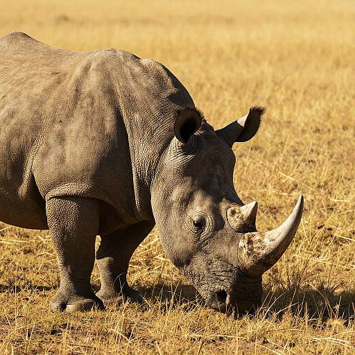 Photograph of a large, gray rhinoceros with prominent white horns grazing on golden dry grass in a sunlit savanna.