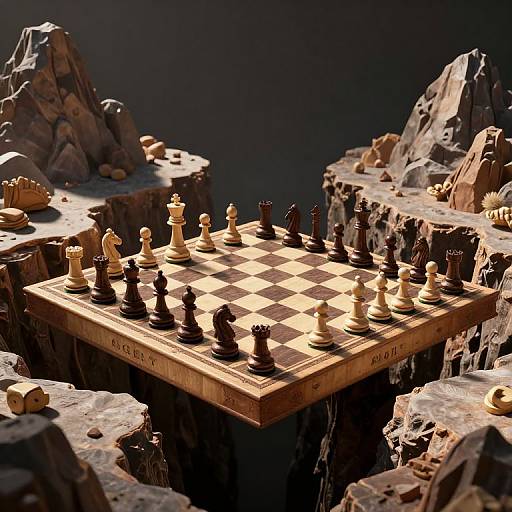 Photograph of a chessboard with black and white pieces on a rocky, mountainous ledge, illuminated by dramatic lighting.