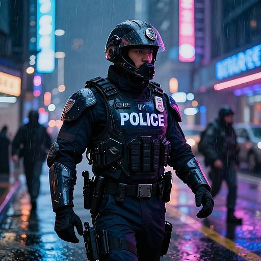 Photograph of a rain-soaked, neon-lit urban street, featuring a male NYPD officer in black tactical gear and helmet, with 