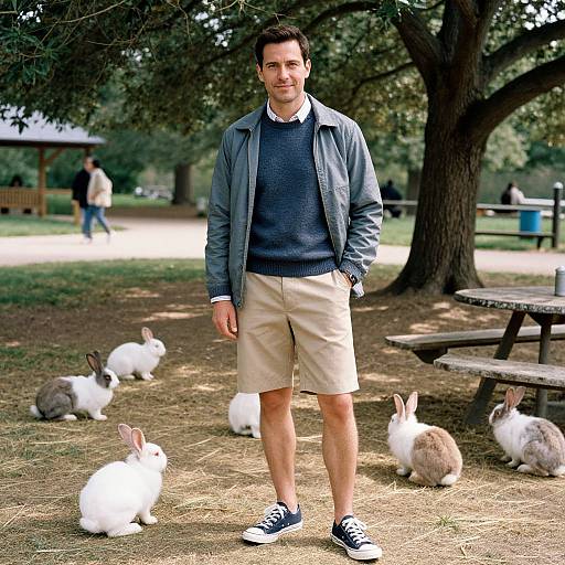 Photograph of a tall man with short dark hair, wearing a blue sweater, denim jacket, khaki shorts, and black sneakers, standing in a