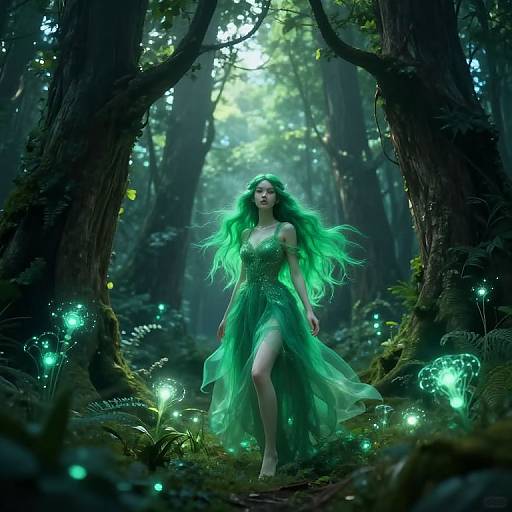 Digital fantasy artwork: Green-haired fairy in flowing green dress, surrounded by glowing fireflies, stands in mystical dark forest with towering trees.