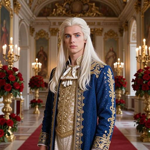 Photorealistic CGI of a handsome, blue-eyed, long-haired white man in ornate blue and gold royal attire, standing in an opulent,