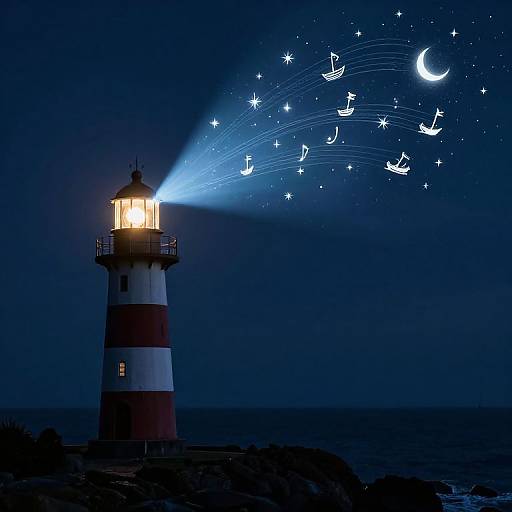 Photograph of a glowing lighthouse beam illuminating a night sky with stars, crescent moon, and sailing ships, set over a dark ocean.