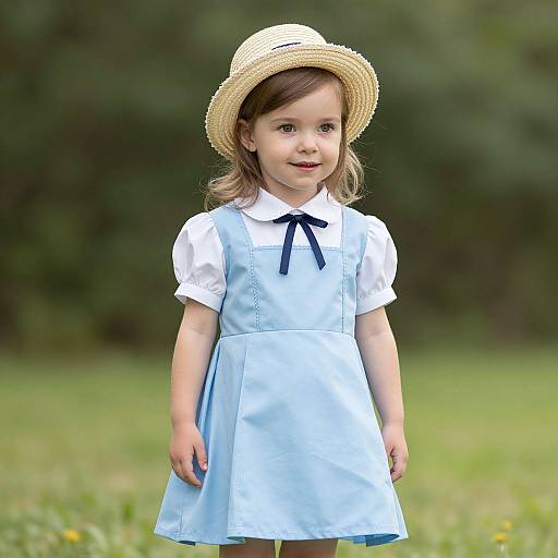 Photograph of a young girl with fair skin, brown hair, and blue eyes, wearing a light blue dress, white shirt, navy ribbon, and