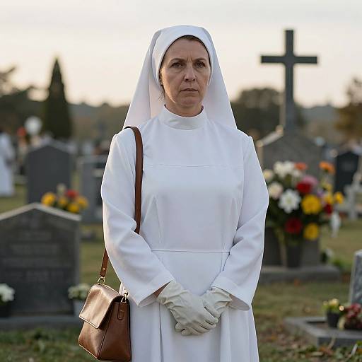 Photograph of a solemn elderly nun in white habit and gloves, standing in a cemetery with crosses and colorful flowers in the background.