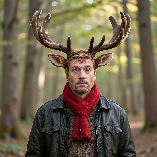 Photograph of a bearded man with deer antlers, wearing a black leather jacket and red scarf, standing in a forest.