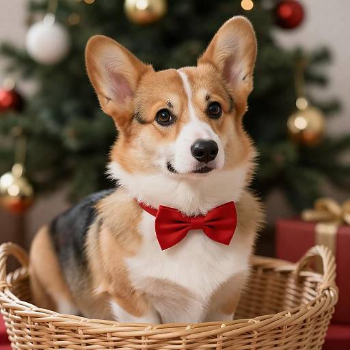Corgi in a Basket with Bow Tie