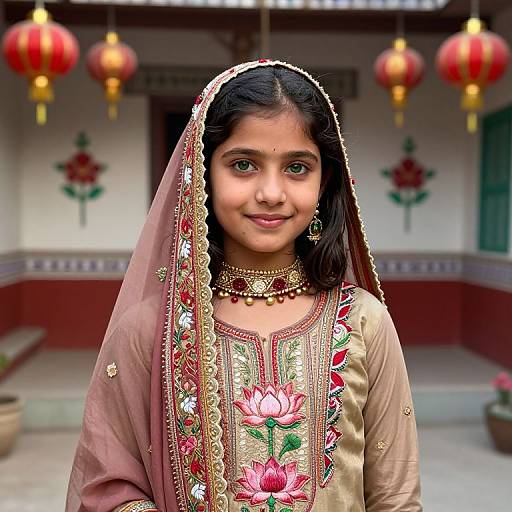 Photograph of a young Indian girl with dark hair, wearing a pink and gold embroidered traditional outfit, veil, and jewelry, standing in front of a