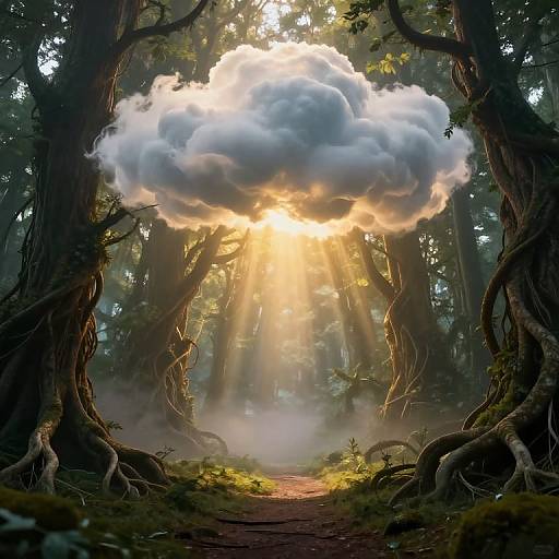 Photorealistic digital artwork of a sunlit forest, with a large, glowing cloud hovering above a dirt path, surrounded by twisted, ancient trees.