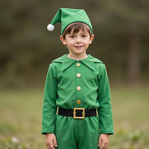 Photograph of a young boy in a green elf costume with a pointed hat, black belt, and gold buttons, standing in a grassy, blurred