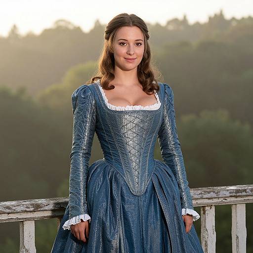Photograph of a young woman with long brown hair, wearing an elaborate blue, textured Renaissance-style dress with white lace trim, standing on a weathered